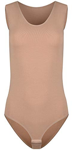 Evoni Damenbody l Damen Overall Bodysuit mit Rundhals l breite Träger l Verschluß-Haken l Unterzieh-Body mit optimaler Passform l sportlicher Damen-Body L Hellbraun