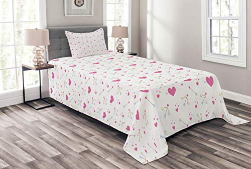ABAKUHAUS Valentinstag Tagesdecke Set, Romantischer Amor Herz-Entwurf, Set mit Kissenbezügen Kein verblassen, für Einzelbetten 170 x 220 cm,Rosa Braun