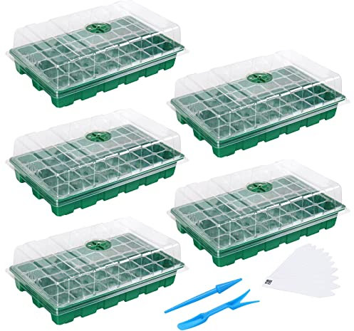 MIXC Semenzaio Vassoio Germinazione, 5 Pezzi 200 Celle Set di Mini Serra da Interno con Coperchio Ventilato Regolabile e Etichetta della Pianta per Semi e Piantine, Verde