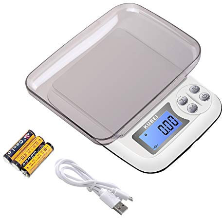 KUBEI Digital Kitchen Scale, 1kg/0.01g Food Scale, Multifunctional Cooking Scale with Tray, Jewelry Scale with Charging, Plugging in and Battery Power