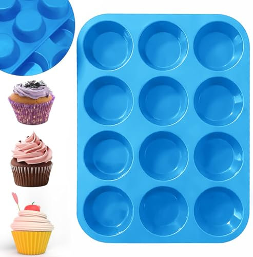 plastific 12 Large Silicone Muffin Yorkshire Pudding Mould Cupcake Baking Bakeware Tray Silicone Muffin Trays Deep Silicone Muffin Tray (Blue)