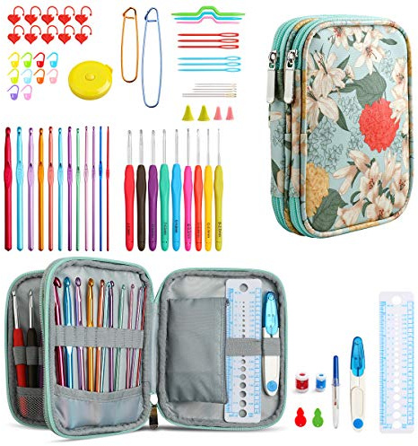 LOOEN 71 Pcs Crochet Hook Set, Crochet Accessories with Case, Soft Grips Crochet Hooks for Beginners (Green)