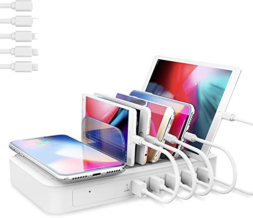 TechDot Station de charge 5 ports avec chargeur sans fil inductif Support de Charge Chargeur USB Station Recharge pour Smartphone Tablette, 5 Câbles mini inclus (Type 3)