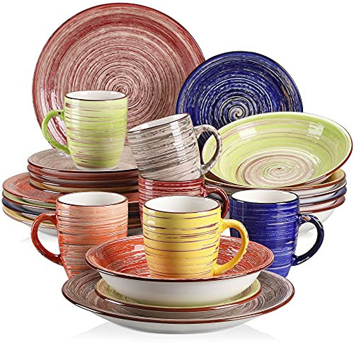 Kombiservice Steingut, vancasso ALBERO 24-teilig Tafelservice, Vintage Geschirrservice im Shabby Chic Design für 6 Personen, Speiseteller, Kuchenteller, Suppenteller und Kaffeetassen