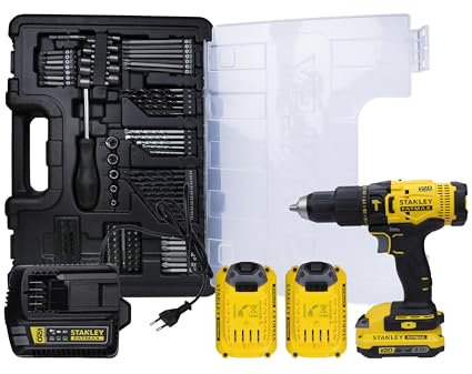 STANLEY FATMAX SCD711D2KA-B1 20V 2.0Ah 13mm Taladro de martillo cepillado inalámbrico con kit de 100 piezas, 2 baterías de iones de litio de 2.0 Ah y 1 cargador