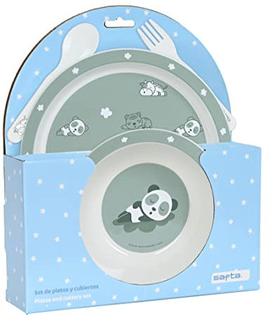 SAFTA Preescolar Dormilón - Set de Platos y Cubiertos, Pack, Plato, Cubierto, Bebé, Iniciación, Comida, Cómodo y Versátil, Ideal para Niños y Jóvenes, 22.5x5.5x26 cm, Color Gris