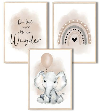 MeinBaby123® I Bilder Kinderzimmer | 3er Set DIN A4 Poster Set | Wandbilder | Kinderzimmer Poster | Deko Bilder Kinderzimmer Mädchen und Jungen | Wandposter Premium(Elefant & Luftballon beige)