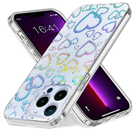 Abbery für iPhone 14 Pro Hülle Durchsichtig mit Motiv Reflektieren Herzen Glitzer Holografisch Bunt Herz Muster Transparent Case für Frauen Mädchen Stoßfeste Schutzhülle Handyhülle für iPhone 14 Pro