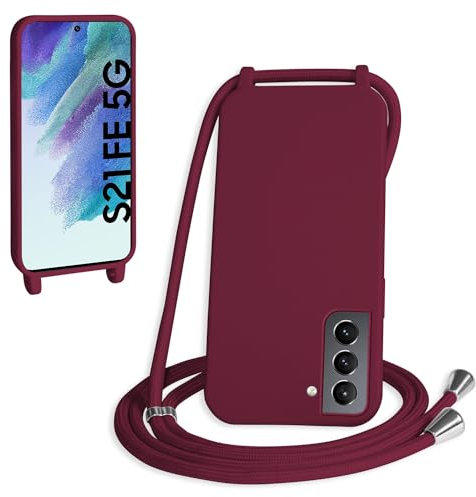 WenBaby Coque avec Cordon pour Samsung Galaxy S21 FE,Collier pour Étui bandoulière Colliers de cellulaire Mince Antichoc Réglable Lanyard Silicone Case,Rouge