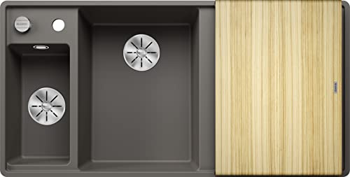 BLANCO AXIA III 6 S-F | Granitspüle aus SILGRANIT vulkangrau | Einbauart: Flächenbündig | Hauptbecken links | mit Holzschneidbrett | für 60 cm breite Unterschränke | Reinigungsfreundliche Öberfläche