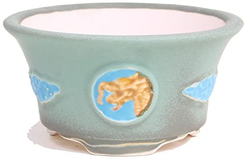 Bonsai - Schale, Kaskadenschale mit Relief, rund 12 Ø x 6 cm, grün/braun 50813