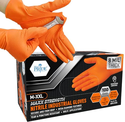 MED PRIDE Orange Nitrile Gloves,8 Mil,Diamond Textured,Large,100-Count