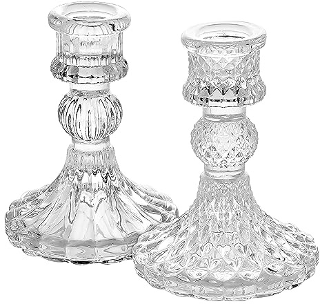 Clear Glass Candlestick Holders,2pcs Set Include Taper Candle Holders and Stripe Candle Holders,Two Style for Formal Events, Wedding, Festival,Church, Party & Festival Decoration (Clear-2)