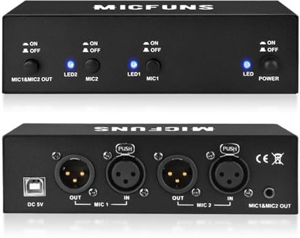 Micfuns MC2 - Fuente de alimentación Phantom de 2 canales de 48 V con cable de audio de 3,5 mm para conectar interfaz de audio para micrófono de condensador, equipo de grabación de música (2 canales)