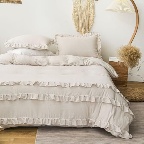Tospass Rüschen Bettwäsche 220x240 Beige 3Teilig Modern Romantisch Aesthetic Bettwäsche Gewaschene Microfaser Bettwäsche-Sets, 1 Bettbezug 220x240 und 2 Kissenbezug 80x80 mit Reißverschluss