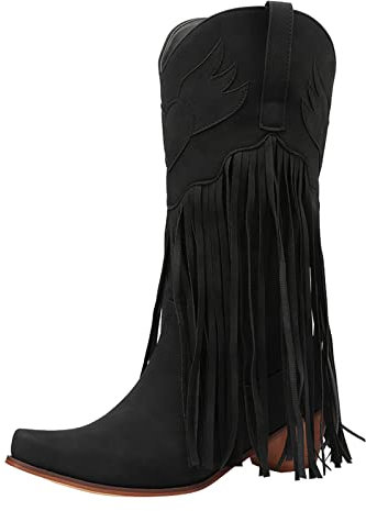 Stivali Texani Donna Pelle Western Stivali Texani Alto Vintage Stivali Cowboy Frange con Tacco Stivaletti Anfibi Camoscio Stivali Equitazione Cowboy Boots Invernali Biker