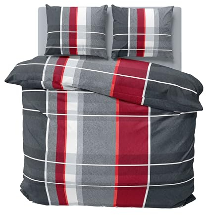 one-home Winter Bettwäsche 200x220 cm kariert gestreift grau rot Flausch Warme Fleece