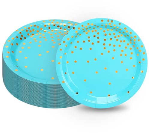CEILIWEN Piatti di Carta Blu e Oro, 50 Pezzi, 9 Pollici/23 cm - Stoviglie Rotonde per Feste di Compleanno