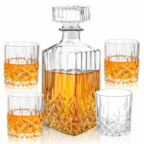 JOLIGAEA Decanter Whisky Set, Bottiglie e Bicchieri Whisky Set, 750 ml Decanter con 4 x 220 ml Bicchieri Whiskey, Bicchieri da Whisky in Vetro Cristallo, Kit Whisky Completo Regali per Uomo Padre Papà