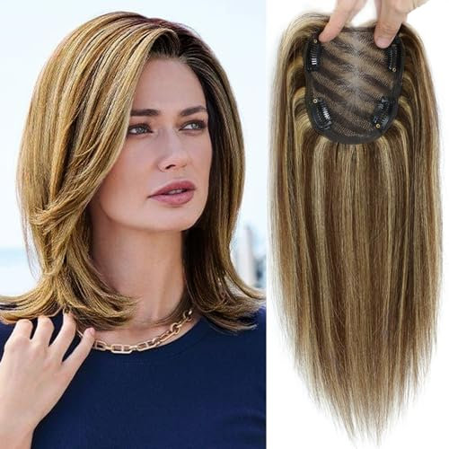 Blonde Hair Toppers for Thinning Hair - Real Human Mix Brown Blonde Topper, Silk Base - 10x12cm, 12inch