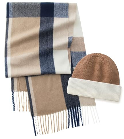 CALVIN & OLIVIA Ultraweicher Winterschal mit Kaschmir-Gefühl, warm, lang, Unisex, Winterschal, perfektes Urlaubsgeschenk für Damen und Herren, Brilliant Camel Navy Cream Plaid Set, Standard