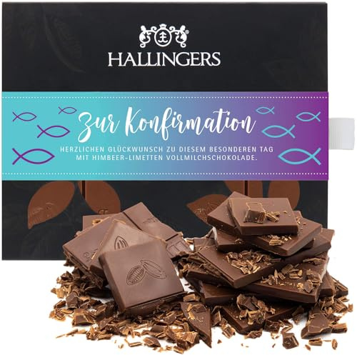 Hallingers Genuss Manufaktur Schokolade Glückwunsch-Geschenk - Tafel handgeschöpften Edelkakaos ohne Alkohol edler Karton Zur Konfirmation Himbeer-Limette, Geschenkidee für Jungs Mädchen