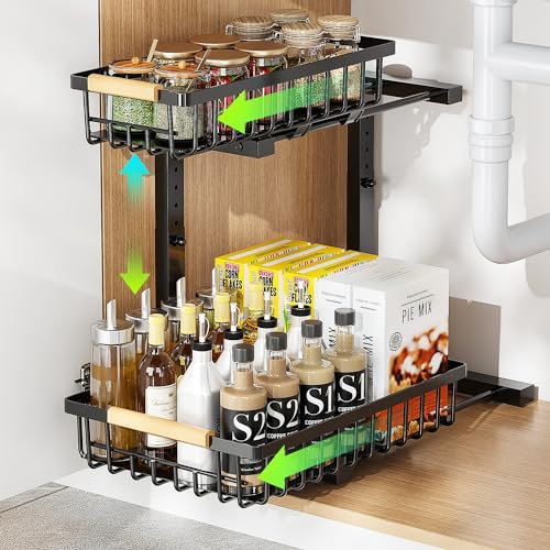 ROLIZOE Rangement Sous Évier à 2 Étages avec Tiroir Coulissants 42.5cm Hauteur Réglable Organisateur Évier Cuisine en Forme de L Rangement et Organisation de Cuisine en Métal pour Salle de Bain