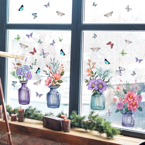 WandSticker4U®- Fensterbilder Sommer BLUMEN IN GLASVASEN lila/blau I Fensteraufkleber Fenstersticker Blumen selbstklebend Schmetterlingen Wohnzimmer Schlafzimmer Küche Bad Fensterdekoration