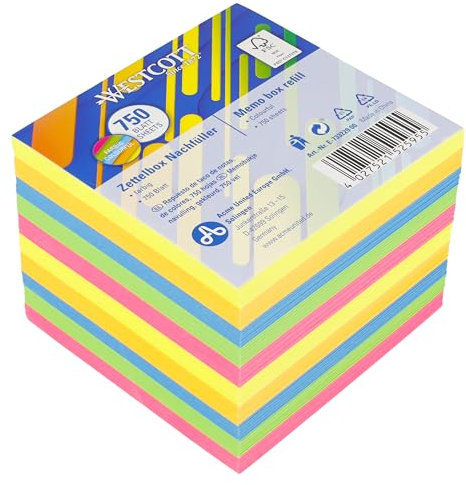 Westcott Blocco note colorato 750 fogli ricarica | Blocco note con fogli 9 x 9 cm in 5 colori | Ricarica per dispenser | Carta certificata FSC 80 g/m² | E-1733229 00