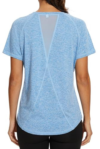 Gyabnw Ladies Gym Tops Women Short Sleeve Casual Workout Yoga Running Top Crew Neck Back Mesh Fitness Athletic Tee Shirts Blue