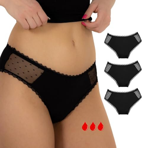 Relixa Periodenunterschwäsche mit Spitze perioden Unterhosen Damen und Mädchen Perioden Slip Damen Menstruationsunterwäsche Period Underwear, 3 schwarz, Spitze, L