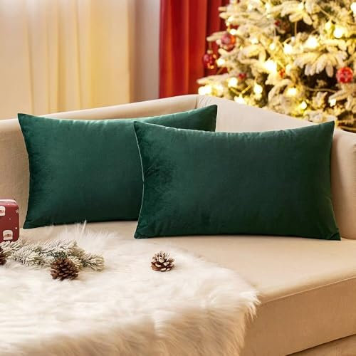 EMEMA Samt Kissenbezug Kissenhülle 30x50 cm Dekorative Dekokissen Dunkelgrün Sofakissen Lendenkissen Wurfkissenbezug mit Verstecktem Reißverschluss Sofa Schlafzimmer 2er Set