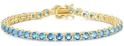FANCIME 14K Vergoldet Damen Tennisarmband mit Synthetischer Blautopas, Geburtsstein Geschenk Schmuck für Sie Damen Mädchen, Länge 19 cm