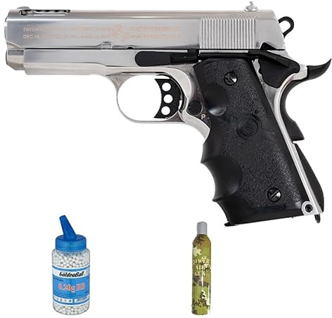 Pistola Colt 1911 Defender Argento GBB Gas (6mm) | Pistola ad aria compressa Airsoft (pallini in PVC) Calibro 6mm + bottiglia da 0,20+ bottiglia di Green Gas (Potenza: 0,9 joule)