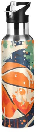 Niigeu Basket Con Palla D'Arte Dei Cartoni Animati Bottiglia Acqua Acciaio Inox, Isolato Borraccia Termica Senza BPA per Bevande Calde e Fredde per Bambini Sport Ciclismo Scuola (600ml/1L)