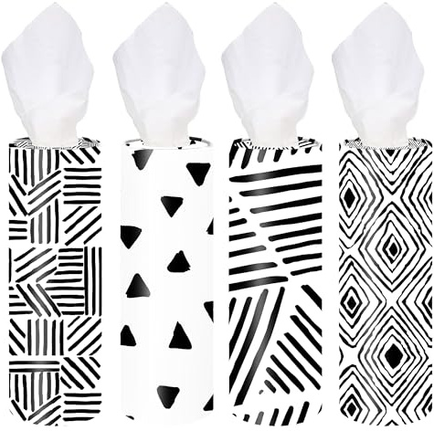 Viynran 4-Pack Car Tissue Cylinders - Modern Black & White Line Design, Fits Car Cup Holders, Travel Tissue Tubes