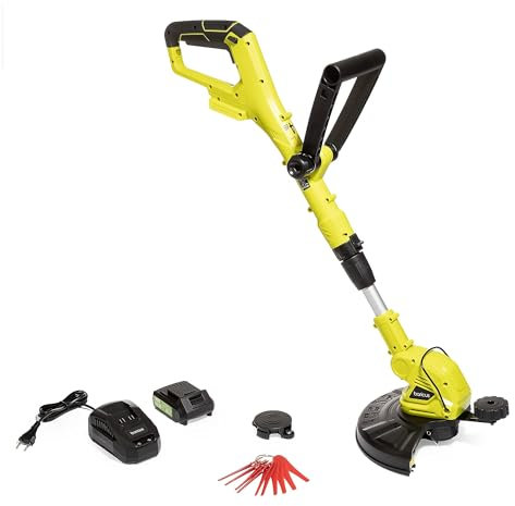 Baricus Akku-Rasentrimmer 18V - schwenkbarer Motorkopf und Handgriff- Teleskopierbar - mit Faden-Spule und Kunststoff-Messern - B-Ware (Inklusive: Akku & Ladegerät)