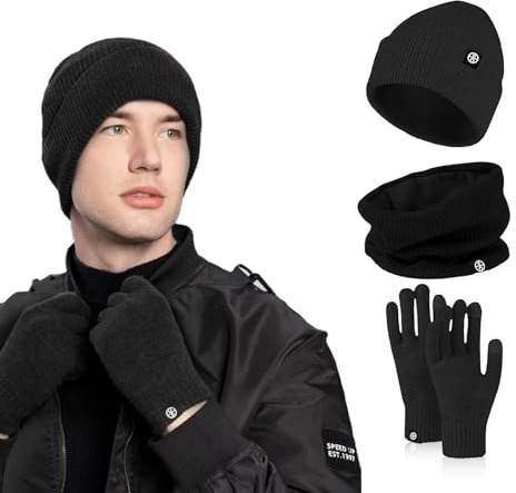 Nenkarn Mütze, Schal & Handschuh-Sets für Herren, 3-in-1-Winter-Thermische-Hut-Handschuhe-Halswärmer-Set Dicke-Fleece-Touchscreen-Handschuh-Gestrickte-Mütze-Kaltes-Wetter-Accessoires-Set