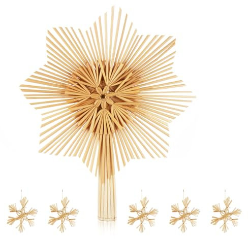 Truevaste ChristbaumspitzeStern aus Stroh, 6 Stück Strohsterne Schneeflocke Set, 1 Stück Achteckige Strohbaumspitze Stern und 5 Stück Schneeflocke, Reines Natürliches Strohmaterial