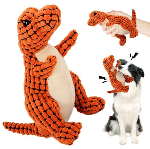 Topbashgo Bissfester Robuster Dino, Hundespielzeug Unzerstörbar, quietschendes Hundespielzeug, Kauspielzeug für mittlere und große Hunde zum Spielen (orange, 30cm)