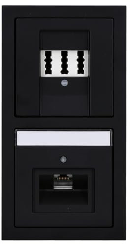 Busch-Jaeger future linear Komplett-Set: Rutenbeck Netzwerkdose flex 136104030 mit Zentralscheibe + Telefondose TAE 3x6 NFN Up0 rw mit Zentralscheibe + 1722-885K Rahmen 2-fach schwarz matt