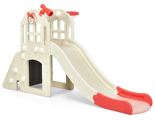 HOMASIS 6 in 1 Kinderrutsche Indoor & Outdoor, Kinder Rutsche mit Basketballkorb, Kletterleiter, Ringwurf, Tunnel, Teleskop, Babyrutsche Spielplatz Gartenrutsche für Kinder ab 3 Jahren (Rosa)