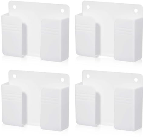 4 Pack Wall Mounted Phone Holder, Phone Stand Self Adhesive with Charging Hole, Compatible with All Smartphone Phone Cradle Bedside Organizer Remote Control Stand for Home Office (White)