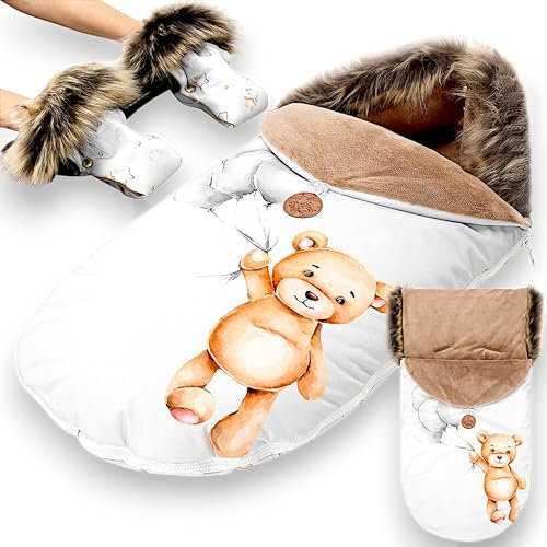 Fußsack Kinderwagen und Buggy für Winter 90 x 45 cm Fusssack Winterfußsack warme Einlage Einschlagdecke Baby Zubehör mit extra Handschuhen Teddybären