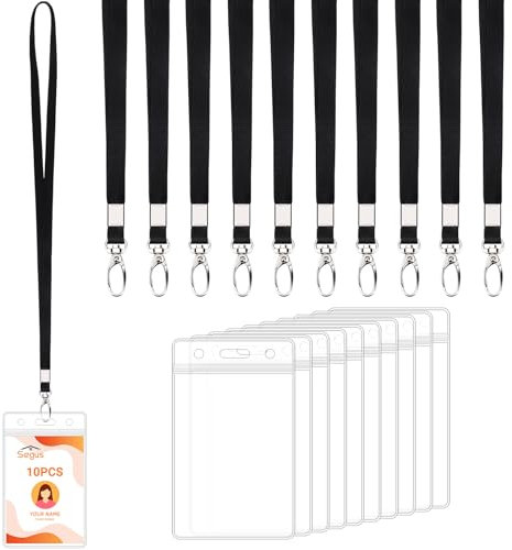 Segus Schlüsselband 10 Stück, Ausweishülle mit Band, Schlüsselbänder zum Umhängen, Transparent Kartenhülle mit Schlüsselband Schwarz, für Geschäfts, Messe (Vertikale)