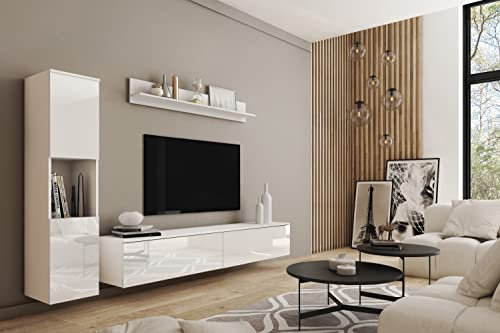 PARMA 3-teiliges Möbelset Modern Entertainment Center mit Hängeschrank oder Stehschrank, Lowboard und Wandboard Weiß/Weiß glänzend Ideale Wohnwand für Wohnzimmer