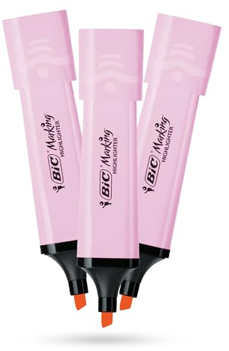 BIC - Evidenziatore piatto, confezione da 3 evidenziatori in plastica con inchiostro rosa pastello, evidenziatori per note lisce, evidenziatori precisi, ideali per scuola e ufficio