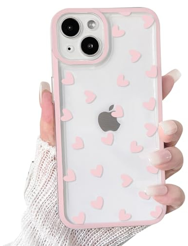 NITITOP Compatible with iPhone 13 Case Cute Clear Light Pink Love Heart Pattern for Girls Women Soft TPU Transparent Colourful Frame Full Camera Lens Shockproof Protective Cover - Light Pink