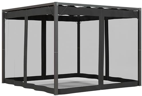 Outsunny 3 x 3 m Pergola with Retractable Roof Canopy and Netting Sidewalls, Aluminium Frame Garden Gazebo Outdoor Sun Shade Shelter for Grill, Patio, Deck, Dark Grey