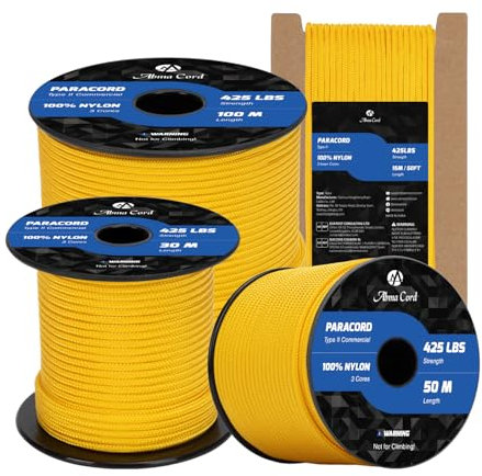 Abma Cord Paracord 3mm 15m Cuerda Paracord 100% Nylon Resistente Tipo II 3 Hebras Cuerda de Paracaídas para Exteriores - MAX. 192 kg - Amarillo Dorado